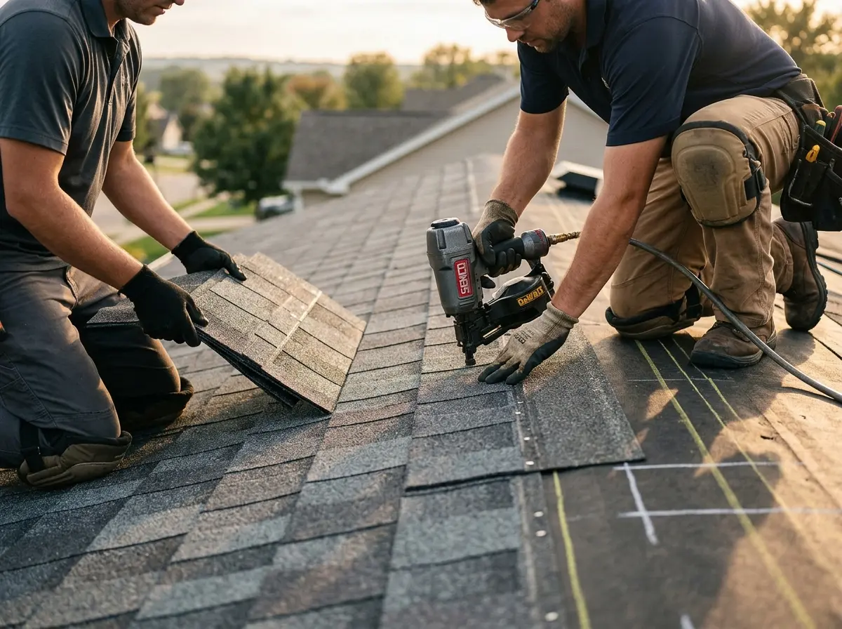 Professional roofer working on a residential roof in Doffing
